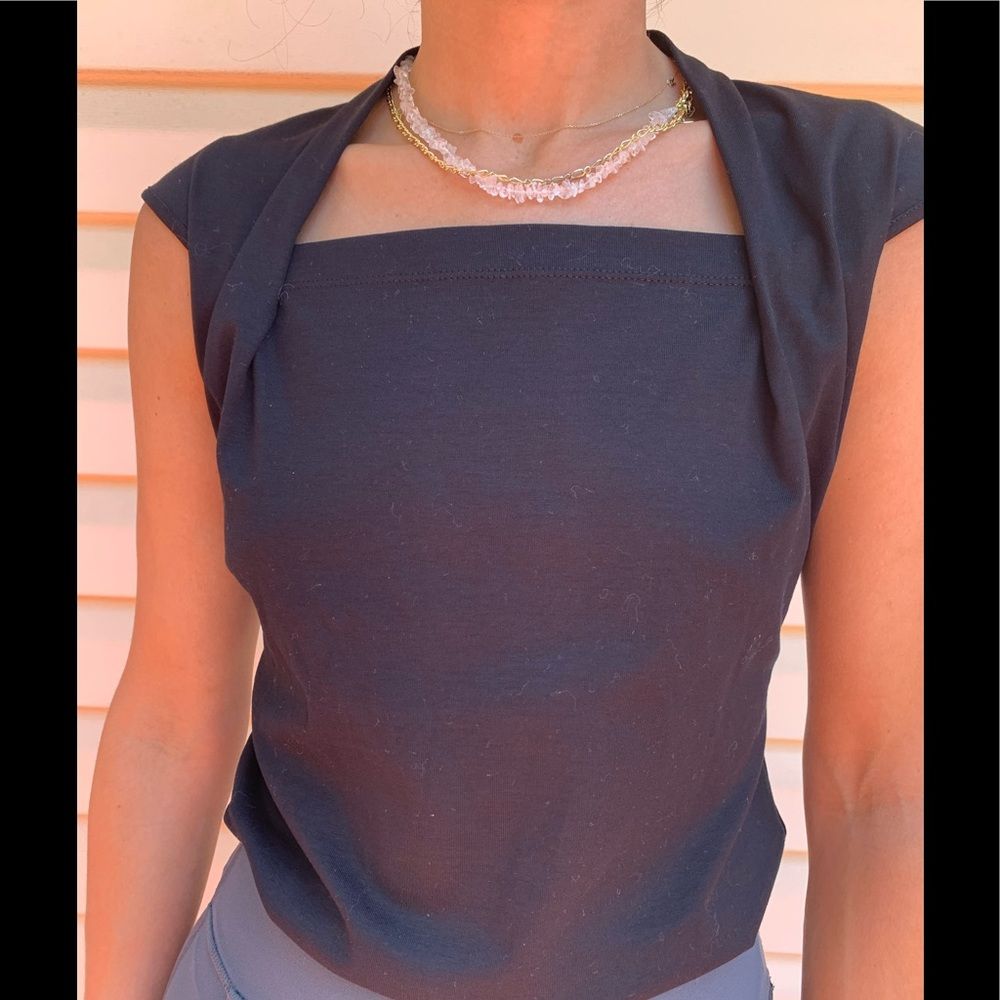 Lafayette 148 Ny Black Cap Sleeves Square Neck Cotton(96%) Blouse Petite Small